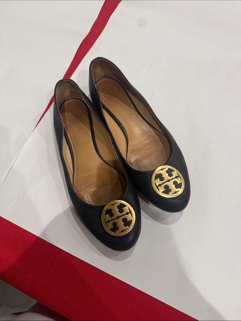 Tory Burch Black Leather Ballet Flats with Gold Logo Medallion